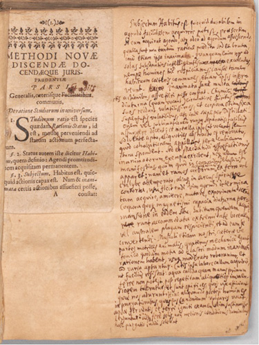 ライプニッツ手稿『法学を学習し教授する新方法』(1667)第2刷(1668)第１頁目へのライプニッツの書き込み